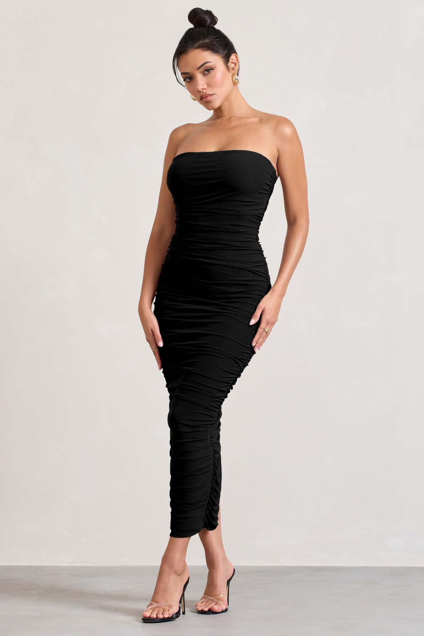 My Lady Black Strapless Bodycon Ruched Mesh Maxi Dress-Babyboo Dress Store. All Rights Reserved.