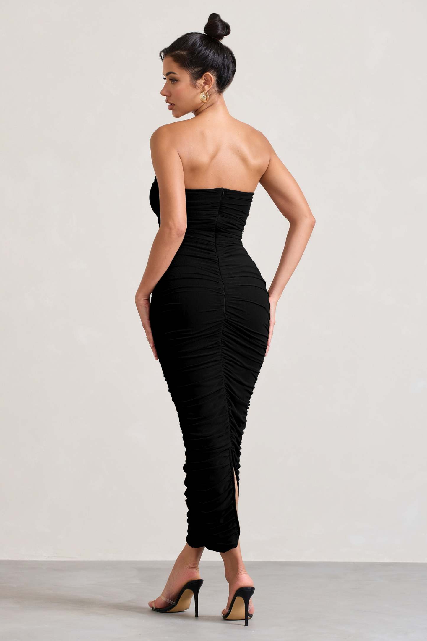 My Lady Black Strapless Bodycon Ruched Mesh Maxi Dress-Babyboo Dress Store. All Rights Reserved.