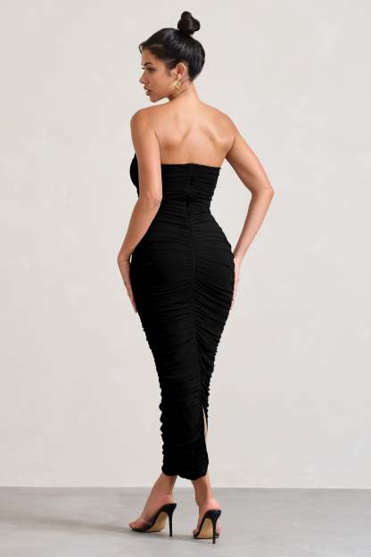 My Lady Black Strapless Bodycon Ruched Mesh Maxi Dress-Babyboo Dress Store. All Rights Reserved.