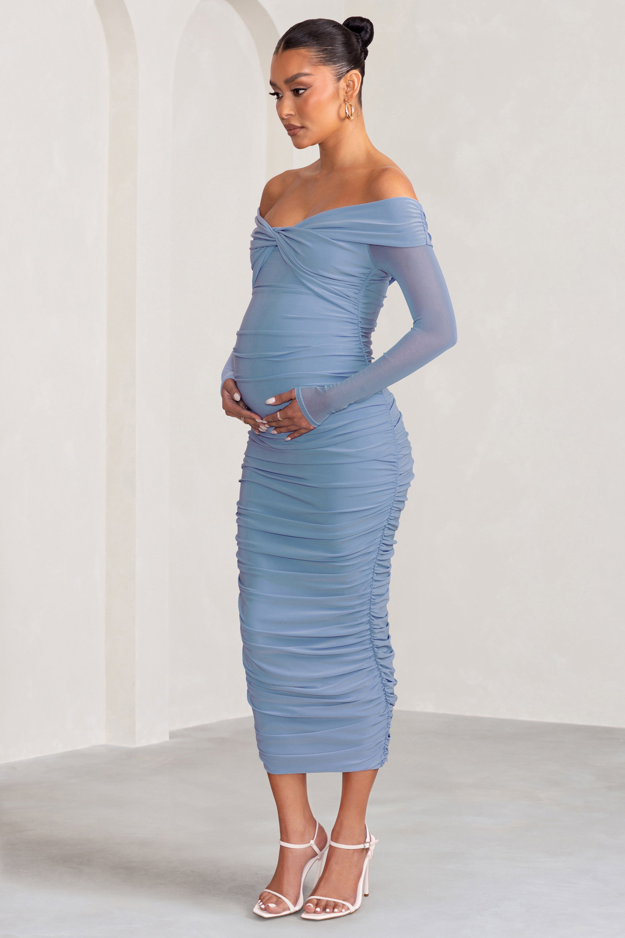 Neva Powder Blue Bardot Twist Maternity Midi Dress-Babyboo Dress Store. All Rights Reserved.