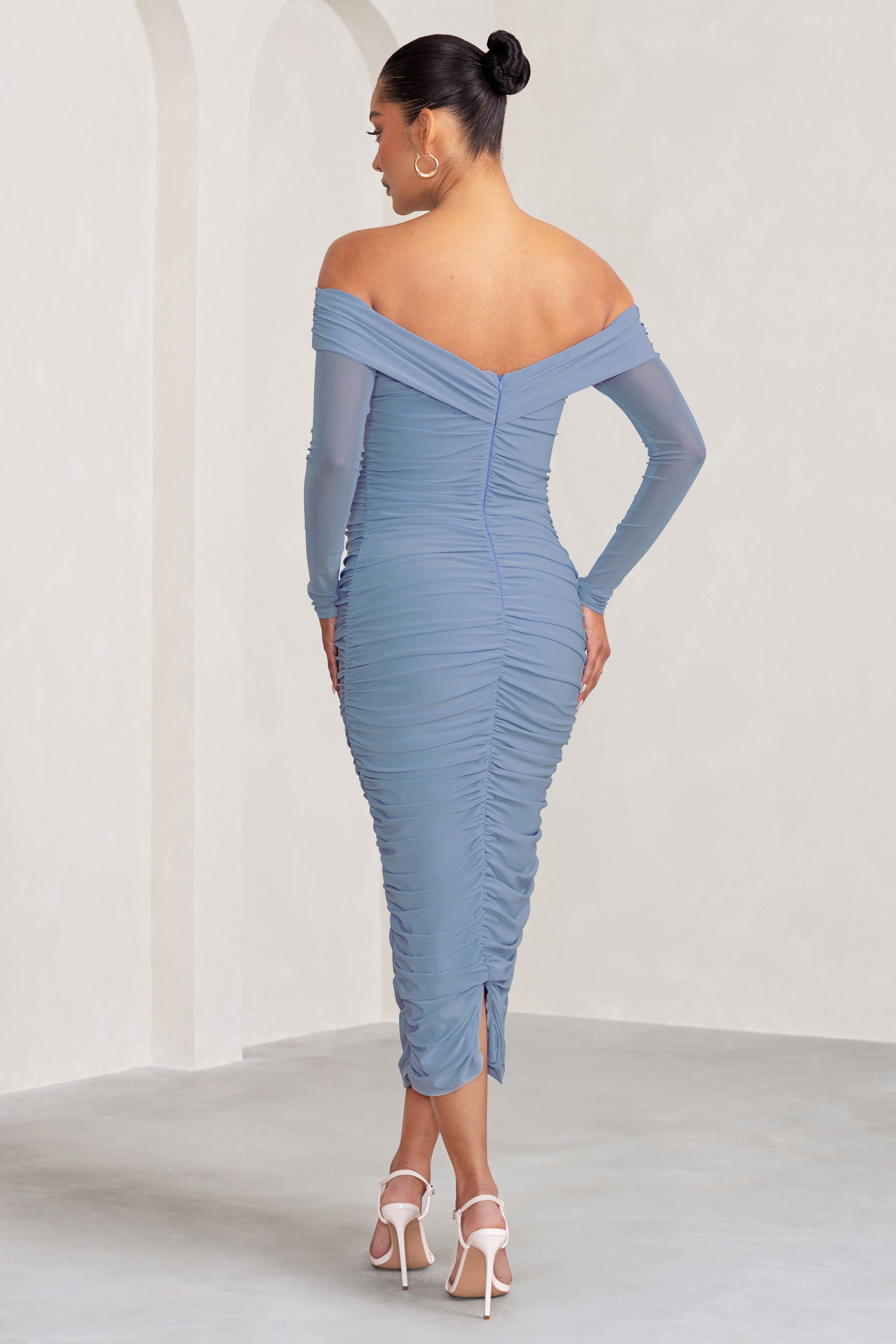 Neva Powder Blue Bardot Twist Maternity Midi Dress-Babyboo Dress Store. All Rights Reserved.