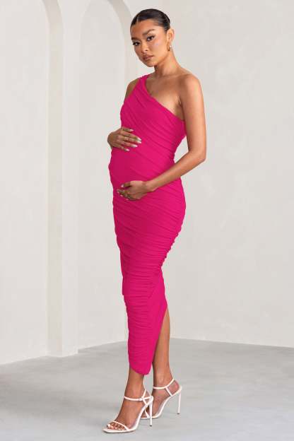 Late Night Hot Pink Maternity Ruched One Shoulder Midi Dress