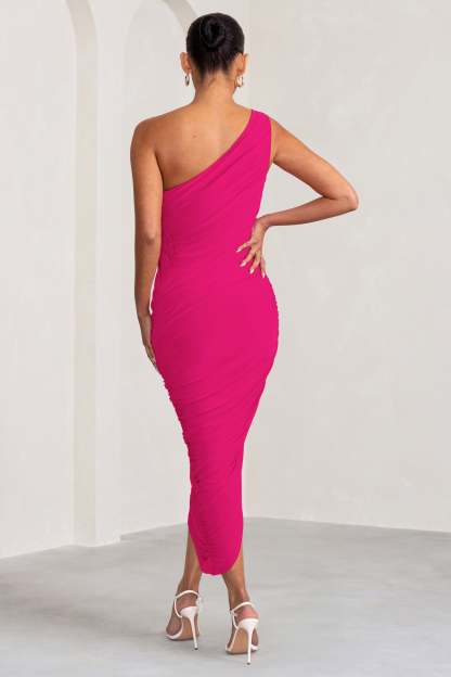 Late Night Hot Pink Maternity Ruched One Shoulder Midi Dress