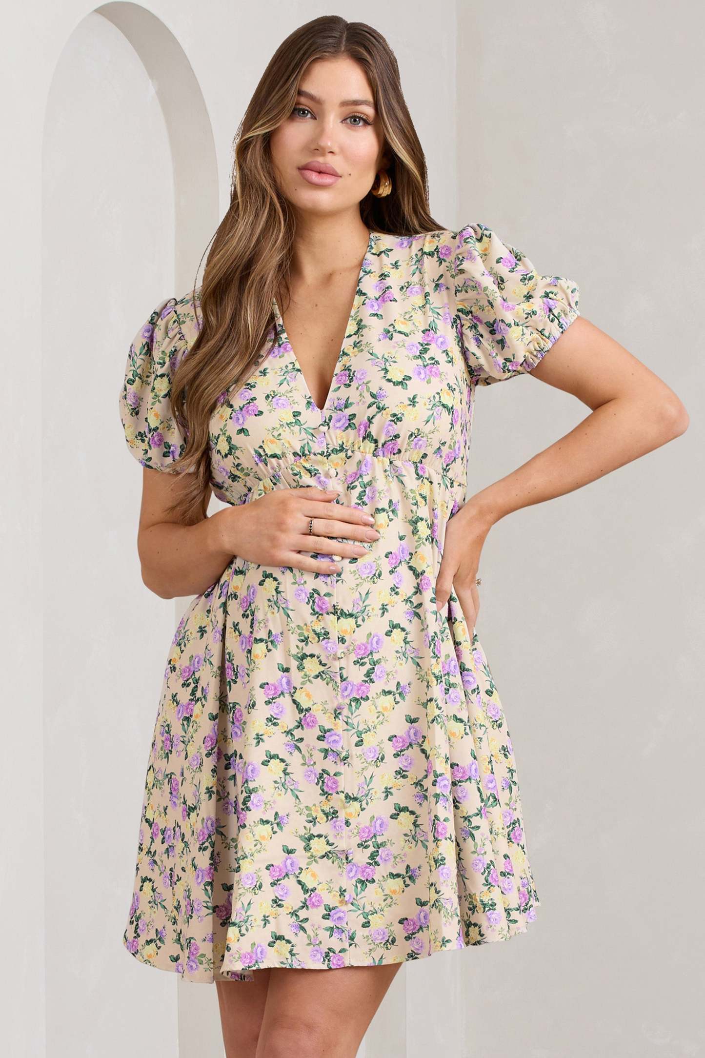 By The Cypress Yellow Floral Maternity V-Neck Puff-Sleeved Buttoned Mini Dress-Babyboo Dress Store. All Rights Reserved.