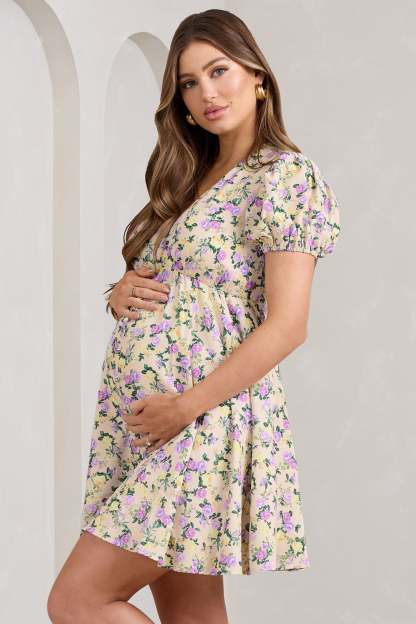 By The Cypress Yellow Floral Maternity V-Neck Puff-Sleeved Buttoned Mini Dress-Babyboo Dress Store. All Rights Reserved.