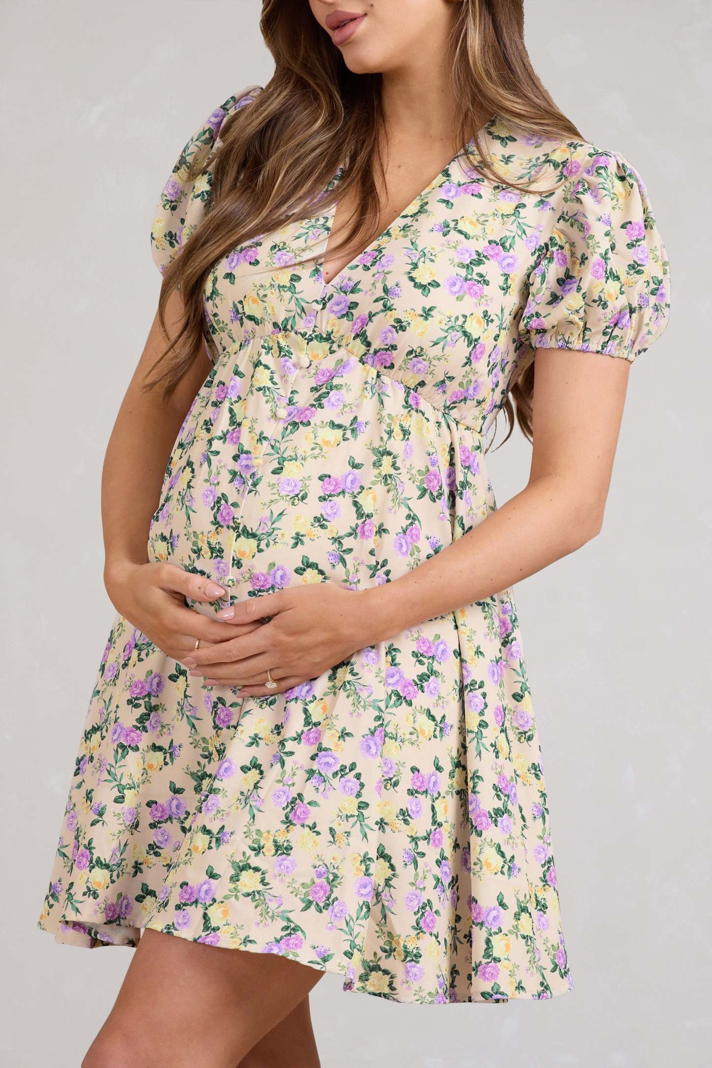 By The Cypress Yellow Floral Maternity V-Neck Puff-Sleeved Buttoned Mini Dress-Babyboo Dress Store. All Rights Reserved.