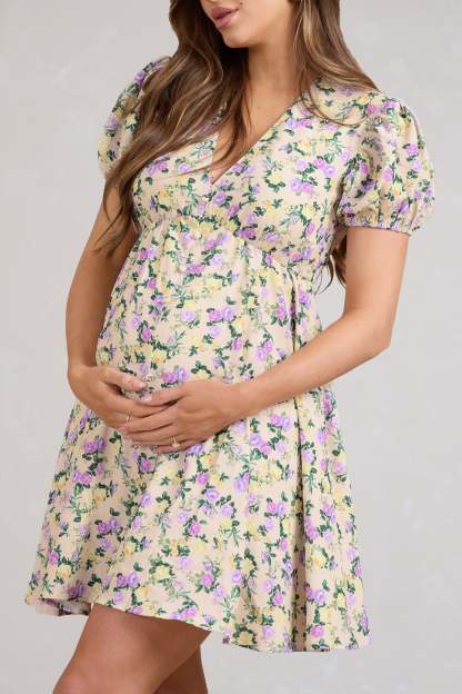 By The Cypress Yellow Floral Maternity V-Neck Puff-Sleeved Buttoned Mini Dress-Babyboo Dress Store. All Rights Reserved.