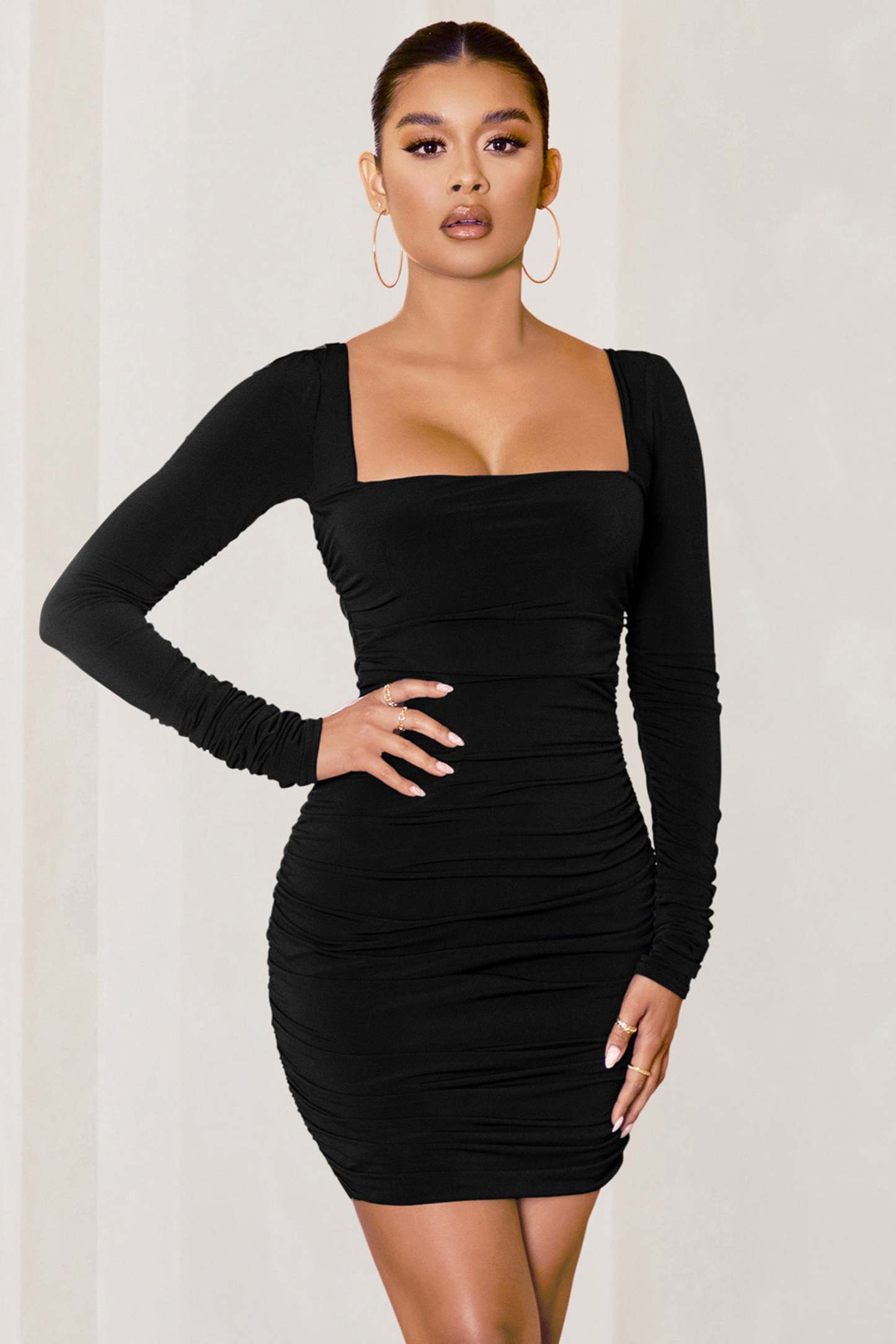 Muse Black Long Sleeve Square Neck Ruched Mini Dress-Babyboo Dress Store. All Rights Reserved.