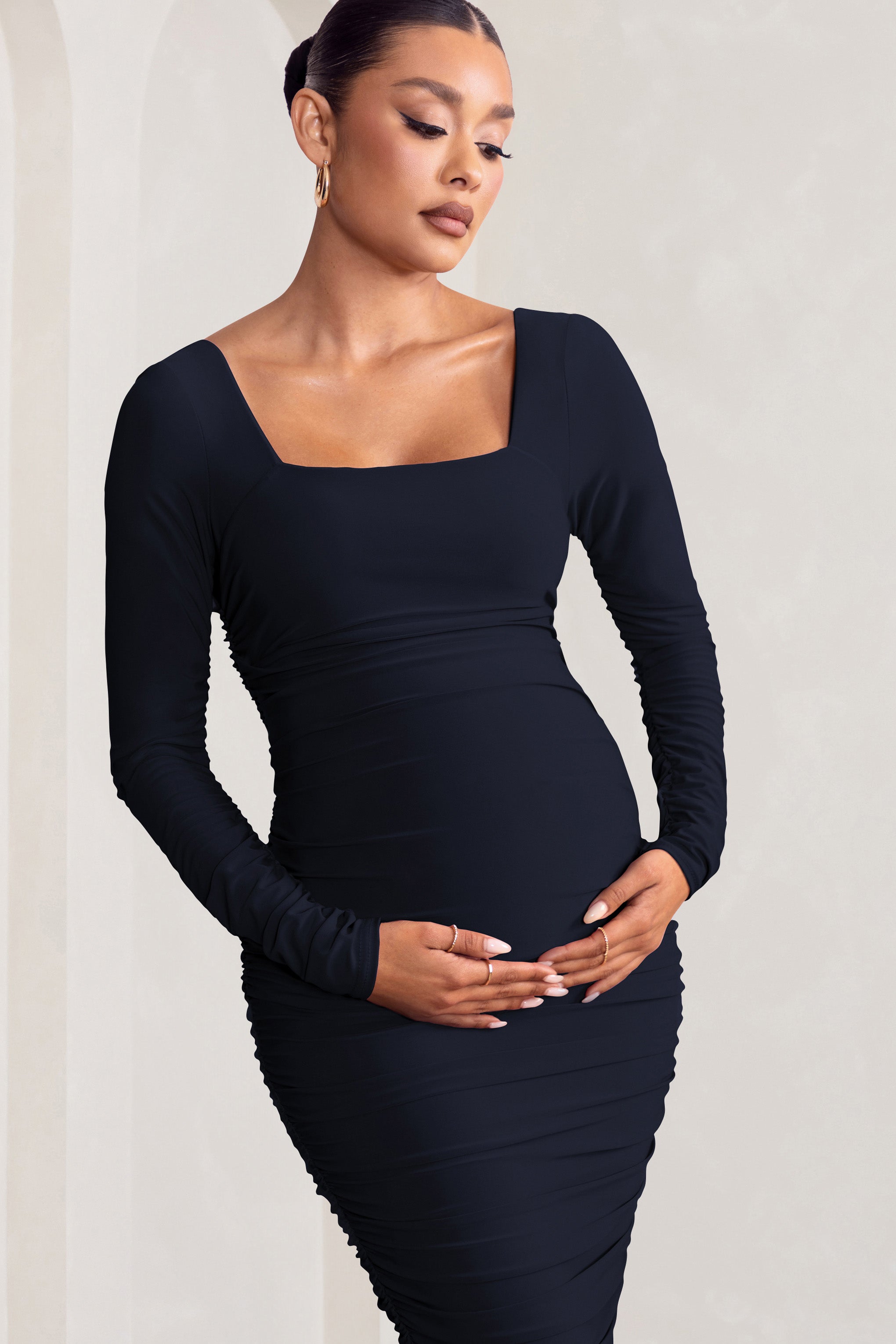 New Life Navy Maternity Square Neck Ruched Midi Dress-Babyboo Dress Store. All Rights Reserved.