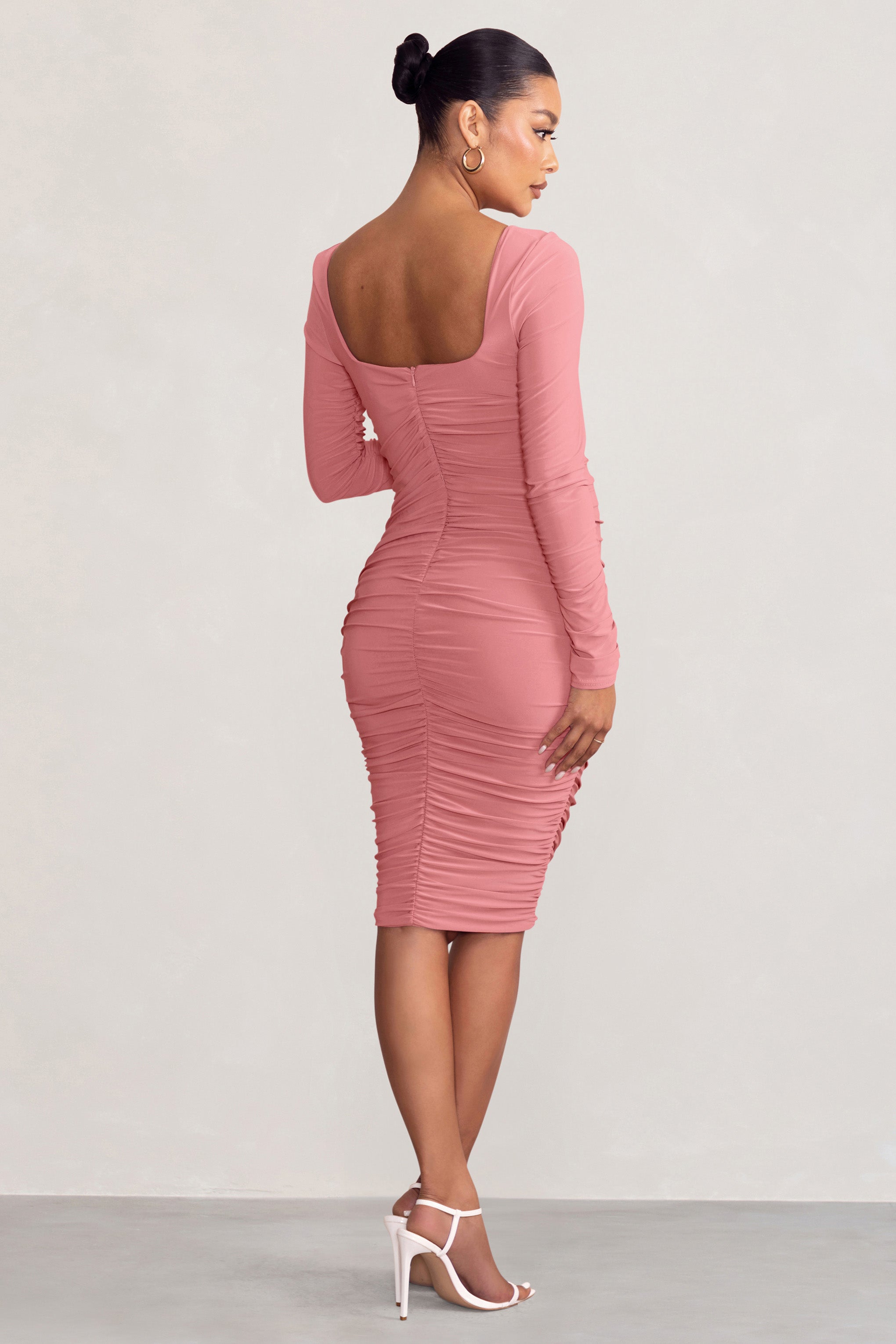 New Life Pink Maternity Square Neck Ruched Midi Dress-Babyboo Dress Store. All Rights Reserved.