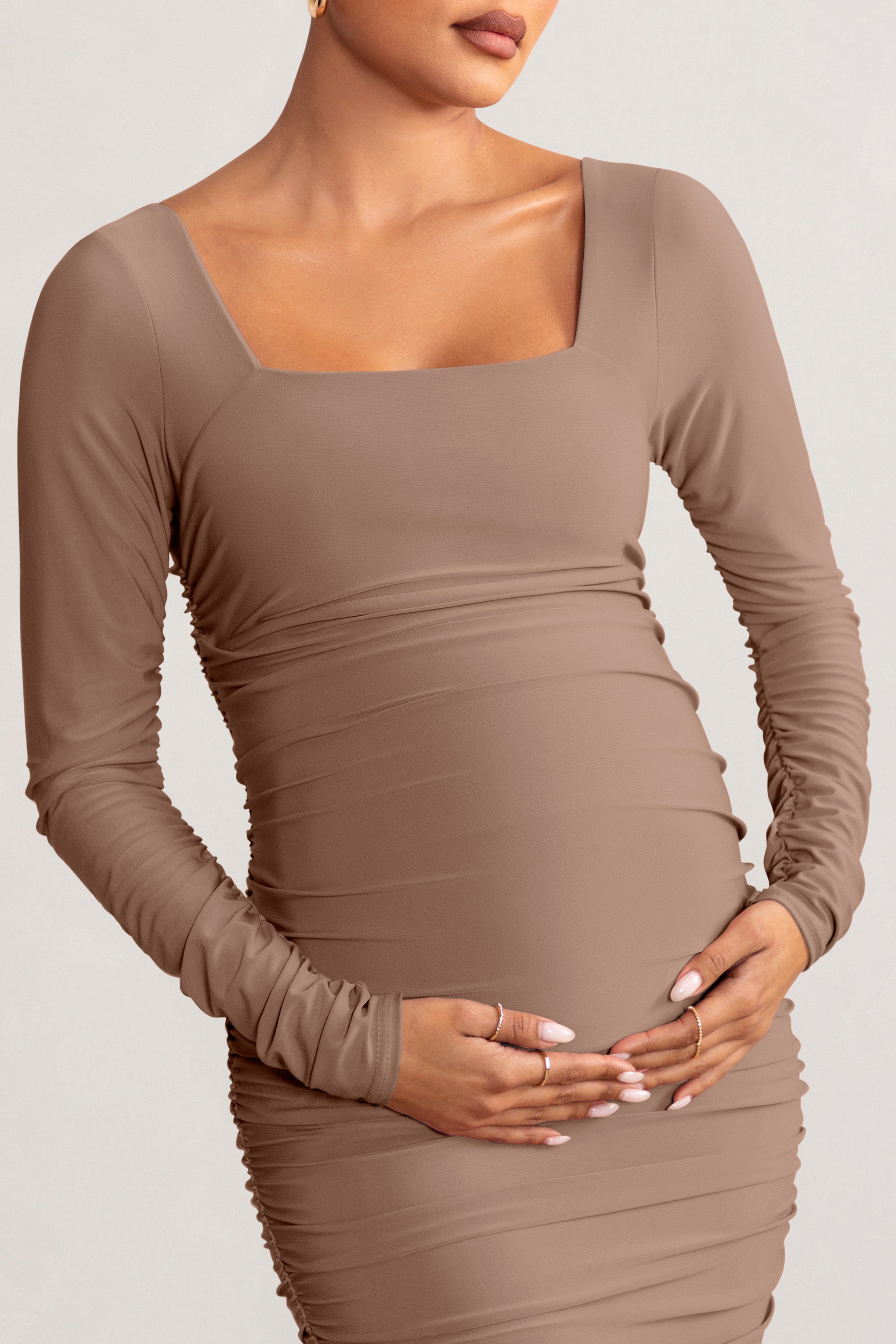 New Life Mocha Maternity Square Neck Ruched Midi Dress-Babyboo Dress Store. All Rights Reserved.