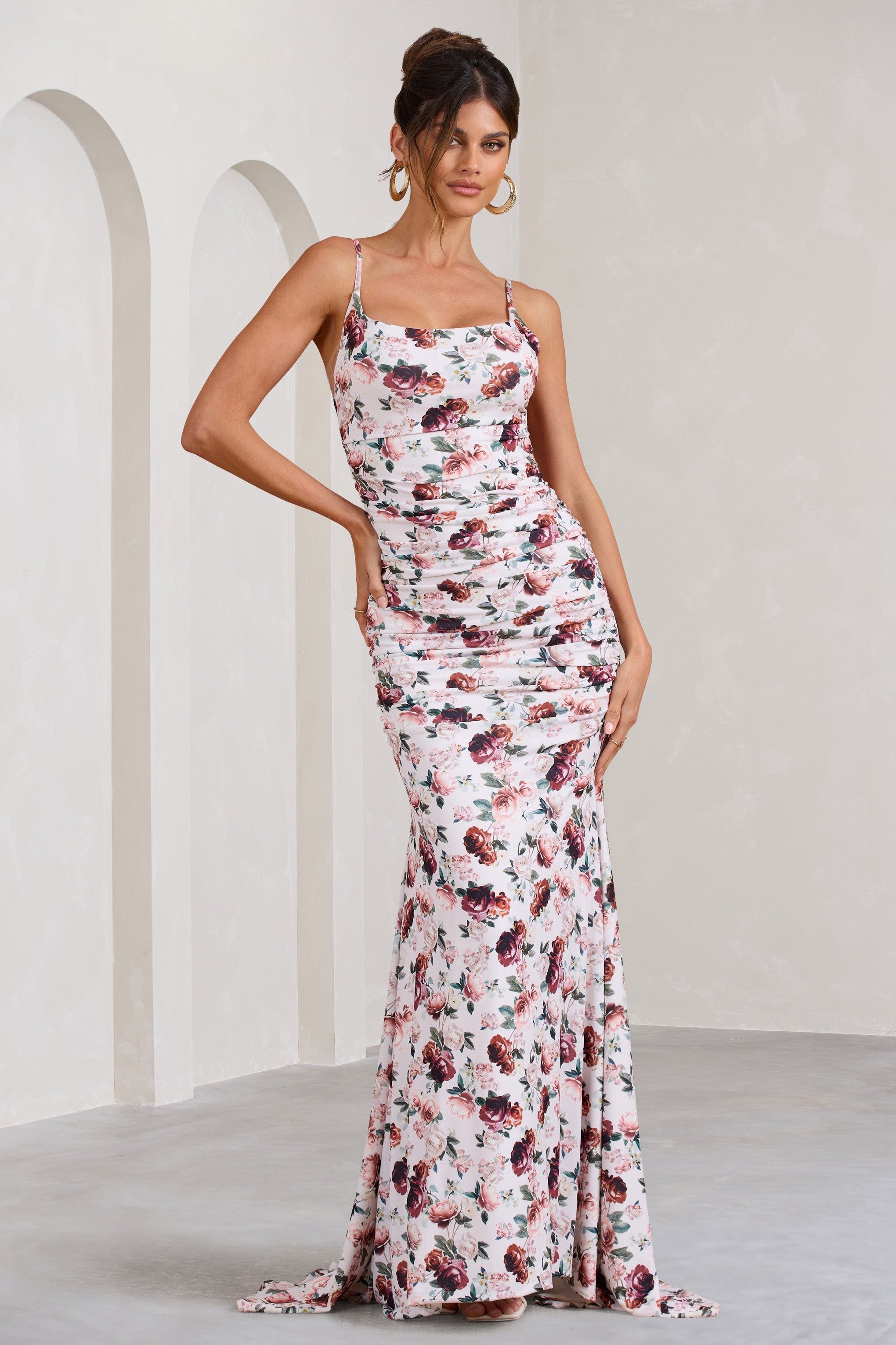 Adele White Floral Print Backless Ruched Fishtail Cami Maxi Dress