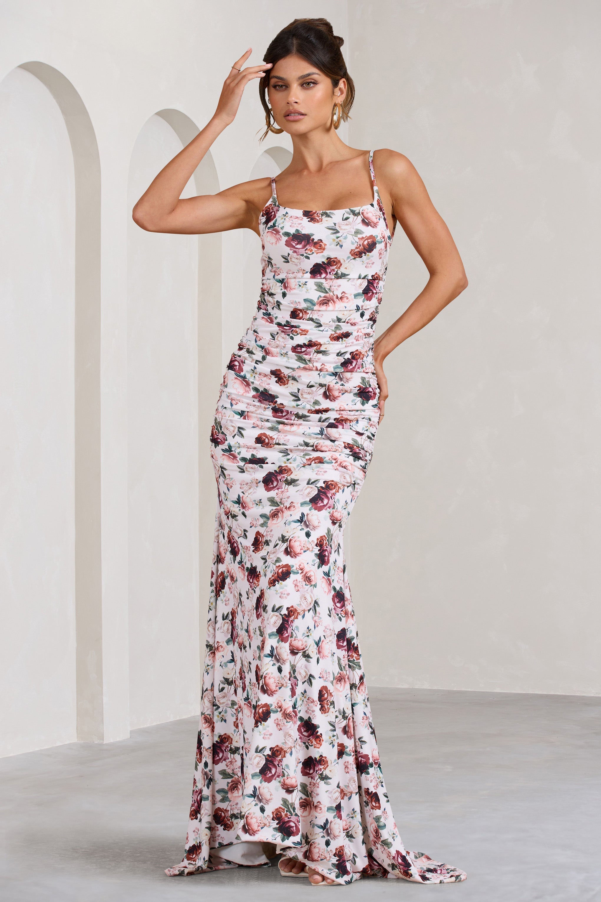 Adele White Floral Print Backless Ruched Fishtail Cami Maxi Dress