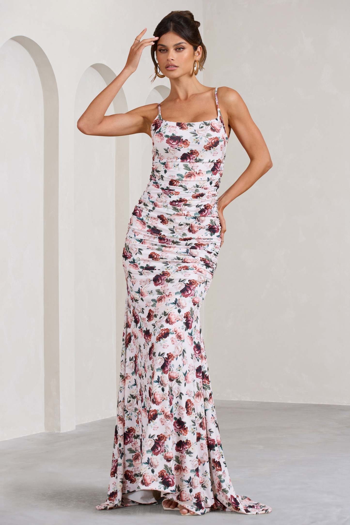 Adele White Floral Print Backless Ruched Fishtail Cami Maxi Dress