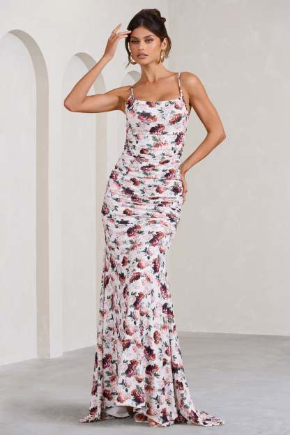 Adele White Floral Print Backless Ruched Fishtail Cami Maxi Dress