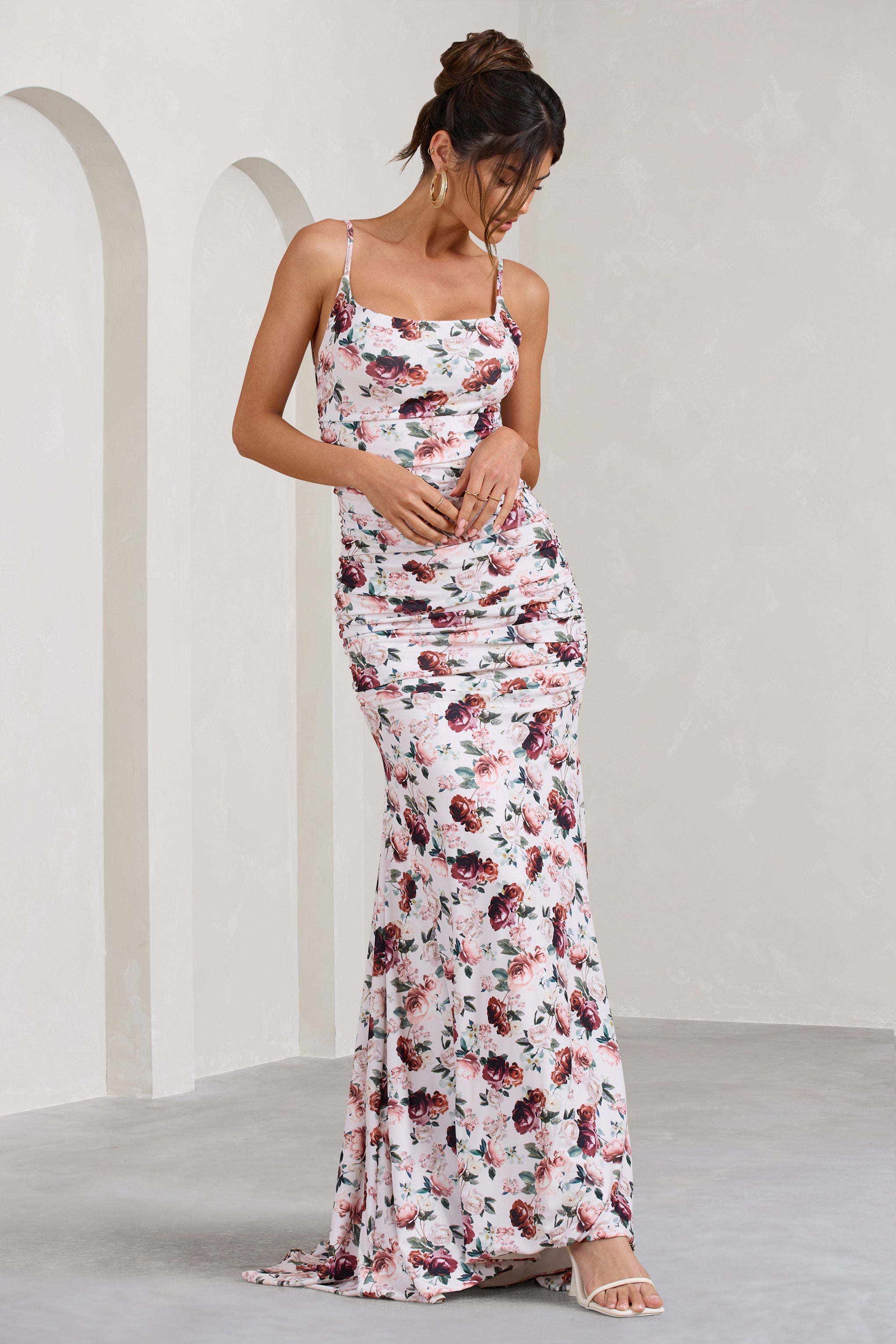 Adele White Floral Print Backless Ruched Fishtail Cami Maxi Dress
