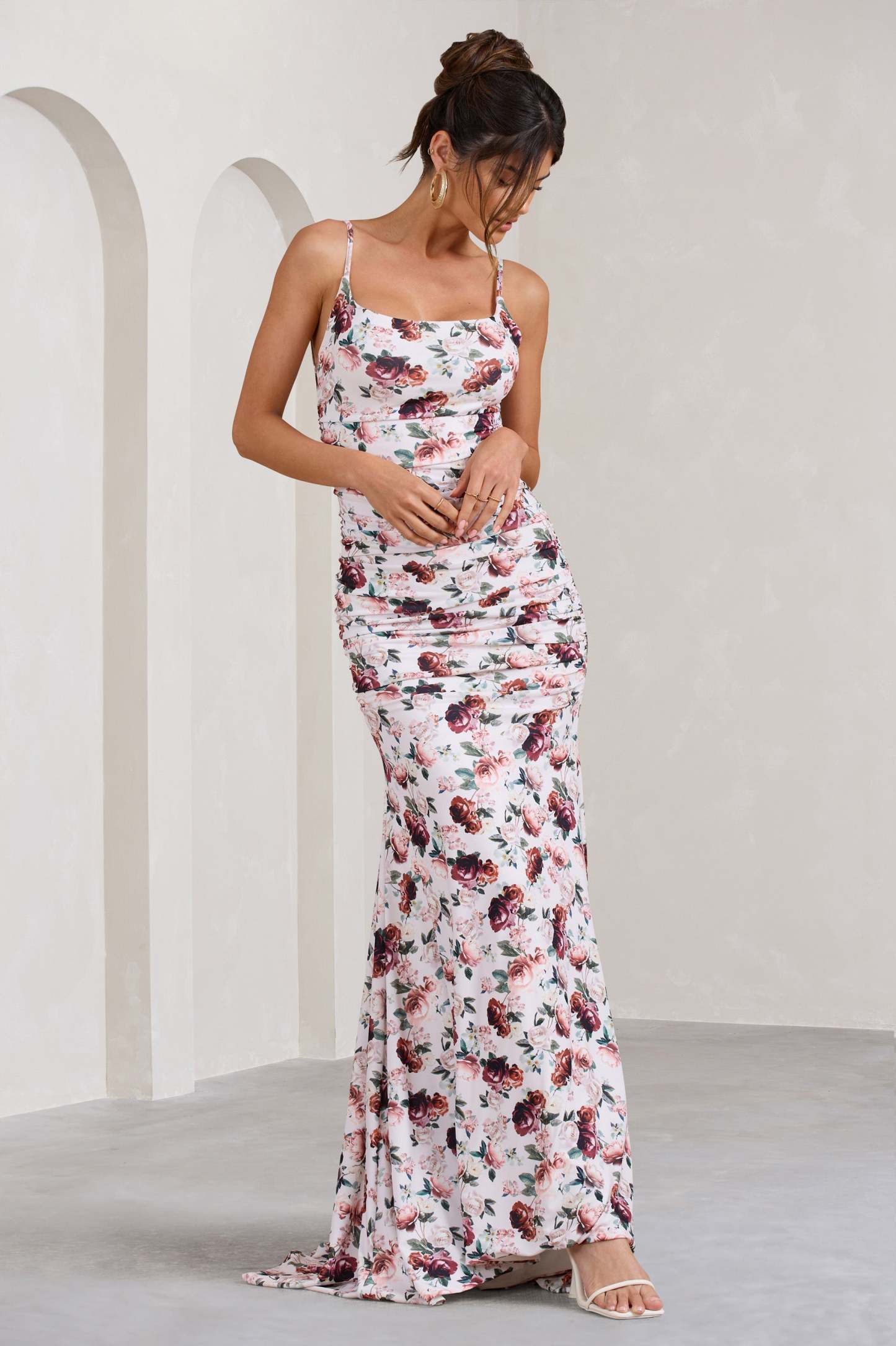 Adele White Floral Print Backless Ruched Fishtail Cami Maxi Dress
