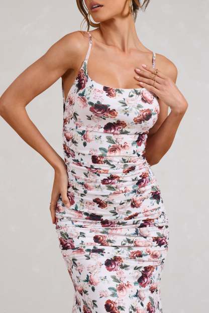 Adele White Floral Print Backless Ruched Fishtail Cami Maxi Dress