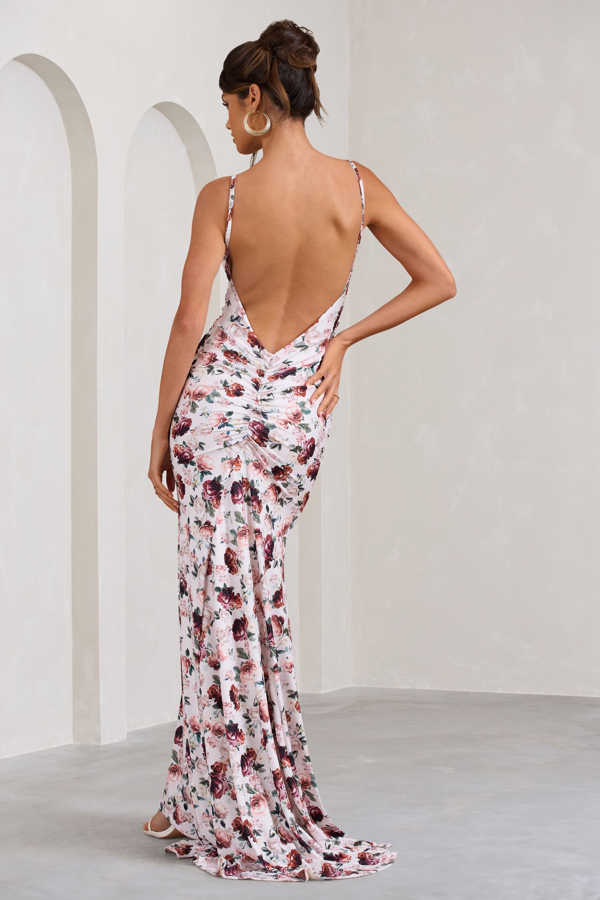 Adele White Floral Print Backless Ruched Fishtail Cami Maxi Dress