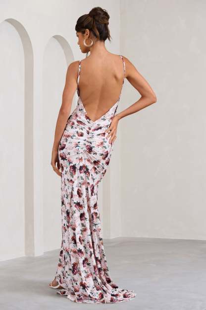 Adele White Floral Print Backless Ruched Fishtail Cami Maxi Dress