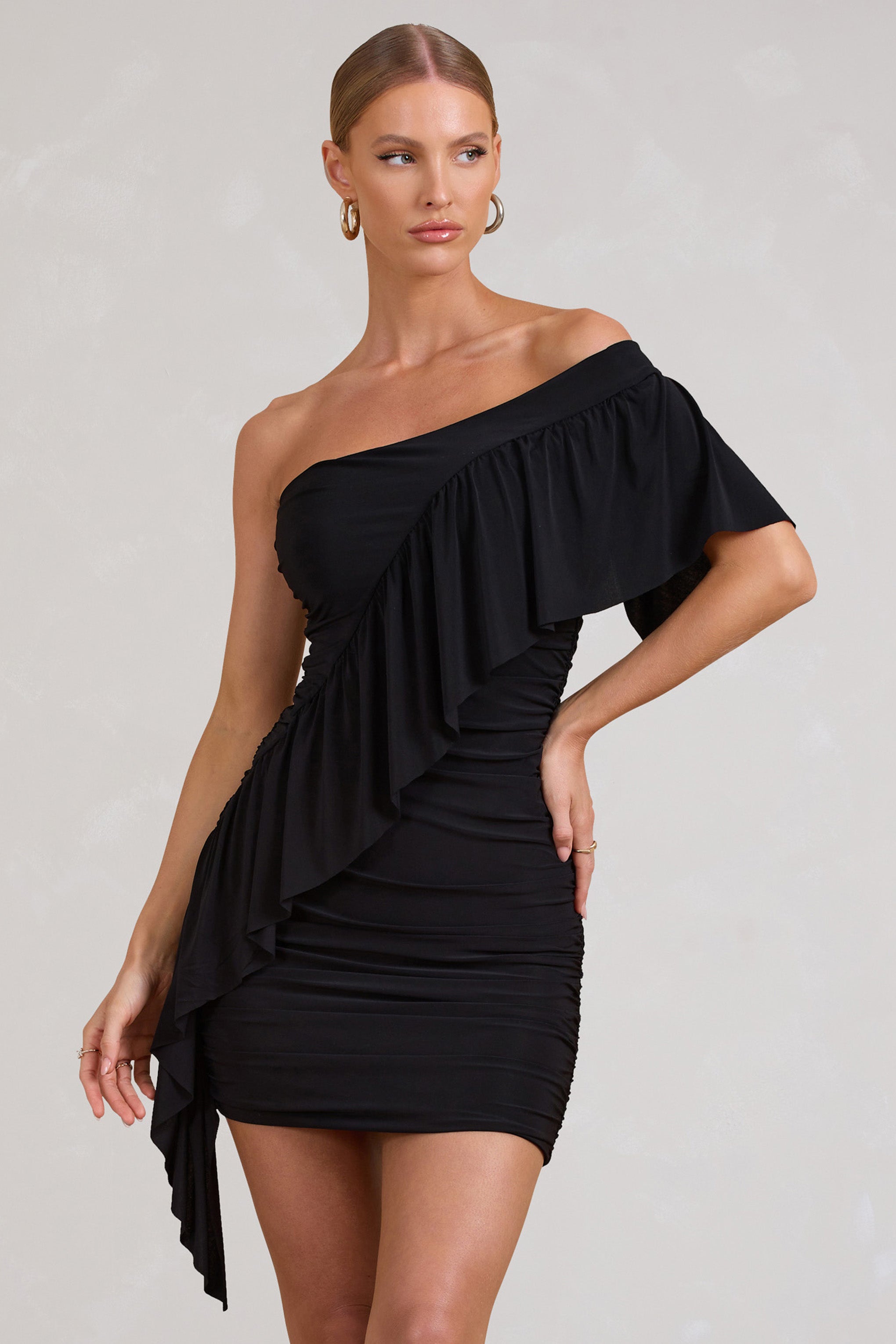 Parfait Black Asymmetric Ruched Mini Dress With Statement Ruffles-Babyboo Dress Store. All Rights Reserved.