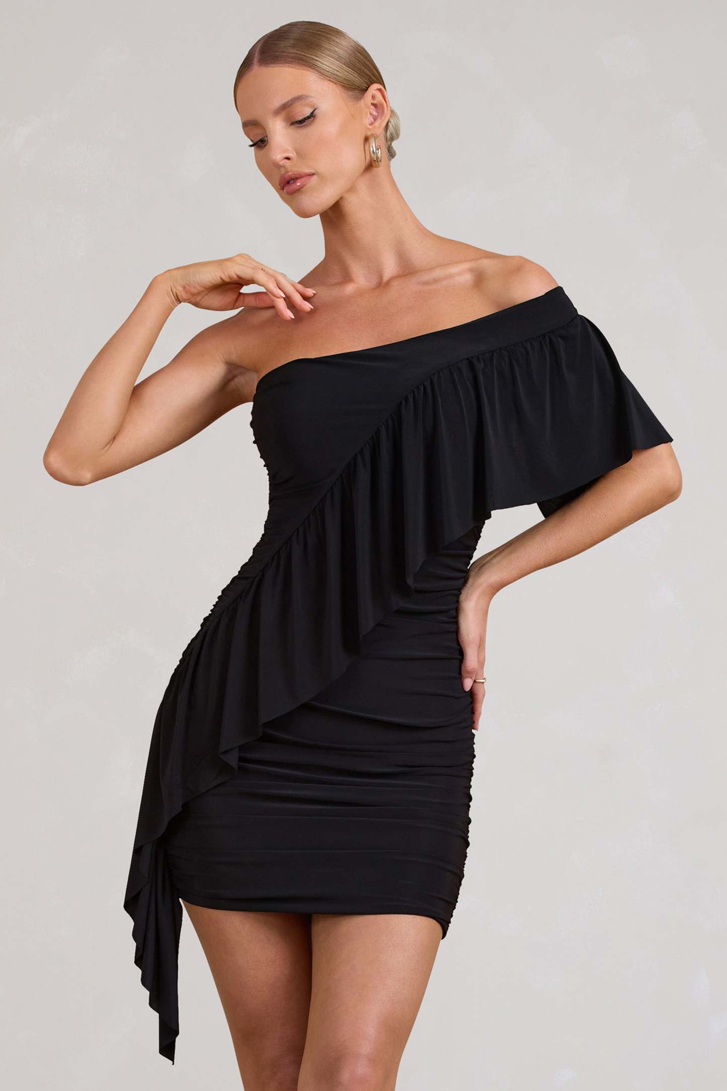 Parfait Black Asymmetric Ruched Mini Dress With Statement Ruffles-Babyboo Dress Store. All Rights Reserved.