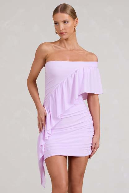 Parfait Lilac Asymmetric Ruched Mini Dress With Statement Ruffles-Babyboo Dress Store. All Rights Reserved.