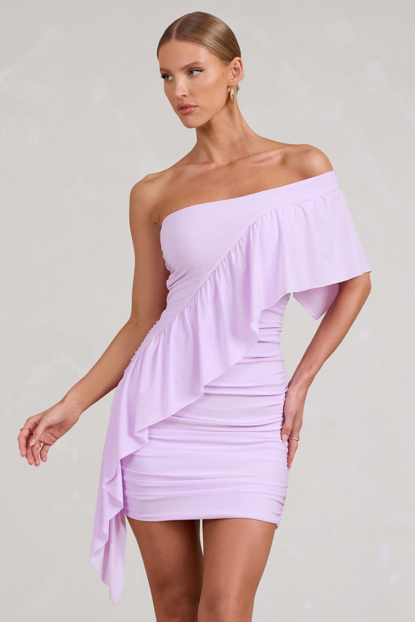 Parfait Lilac Asymmetric Ruched Mini Dress With Statement Ruffles-Babyboo Dress Store. All Rights Reserved.