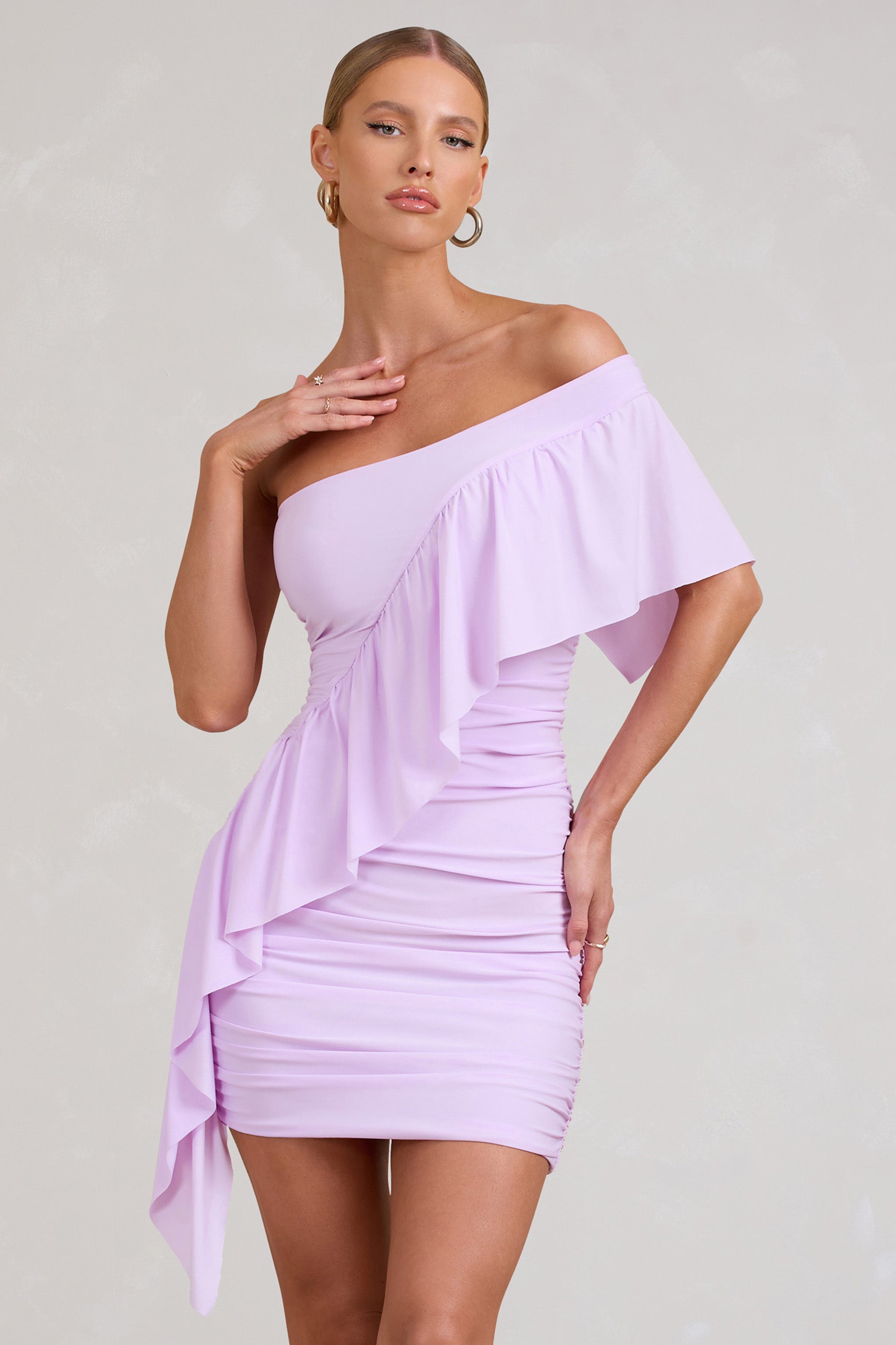 Parfait Lilac Asymmetric Ruched Mini Dress With Statement Ruffles-Babyboo Dress Store. All Rights Reserved.