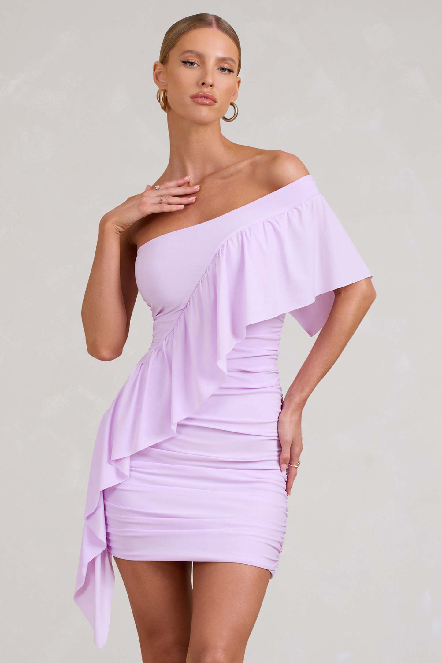 Parfait Lilac Asymmetric Ruched Mini Dress With Statement Ruffles-Babyboo Dress Store. All Rights Reserved.
