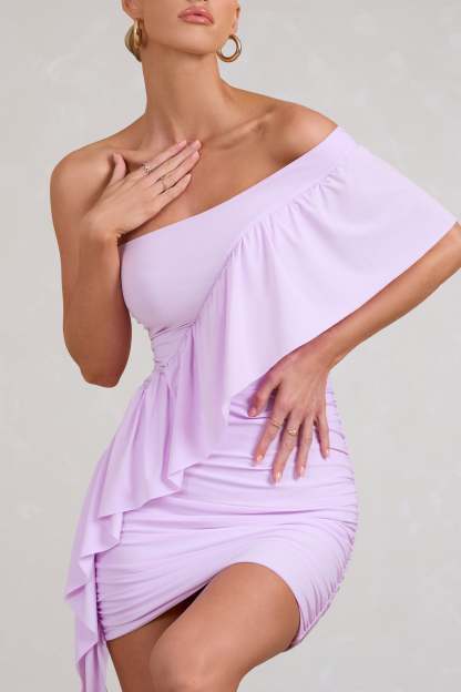 Parfait Lilac Asymmetric Ruched Mini Dress With Statement Ruffles-Babyboo Dress Store. All Rights Reserved.