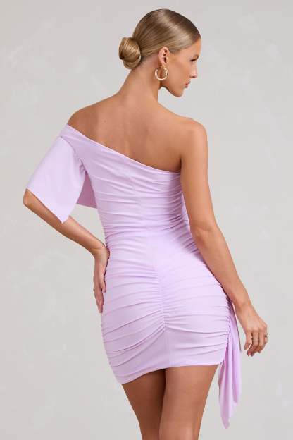 Parfait Lilac Asymmetric Ruched Mini Dress With Statement Ruffles-Babyboo Dress Store. All Rights Reserved.