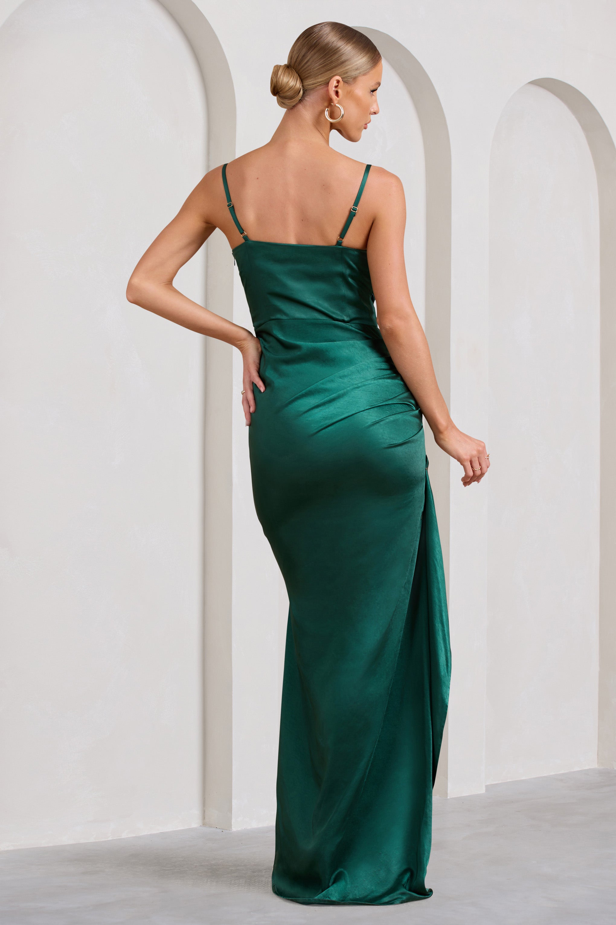 Buckingham Bottle Green Satin Pleated Split Maxi Dress-Babyboo Dress Store. All Rights Reserved.