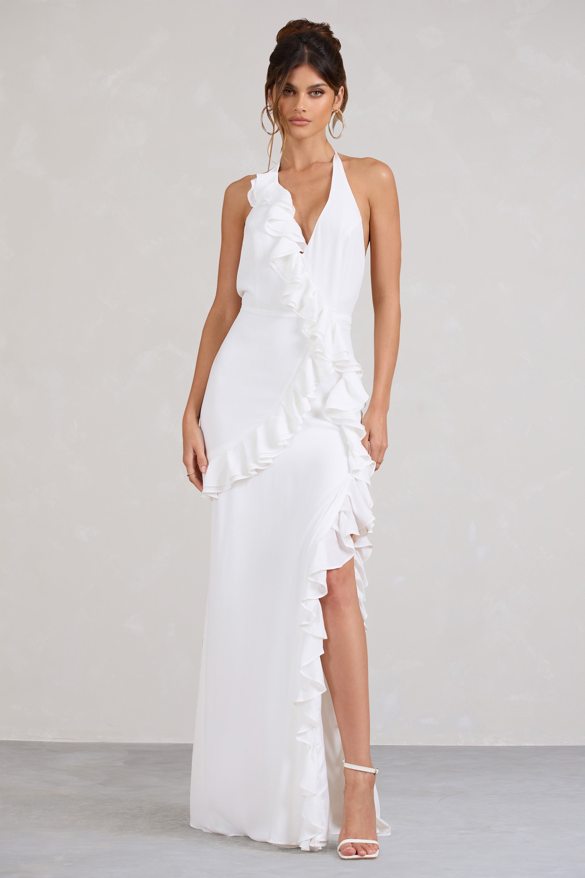 Morning White Halter-Neck Split Maxi Dress-Babyboo Dress Store. All Rights Reserved.