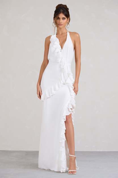 Morning White Halter-Neck Split Maxi Dress-Babyboo Dress Store. All Rights Reserved.