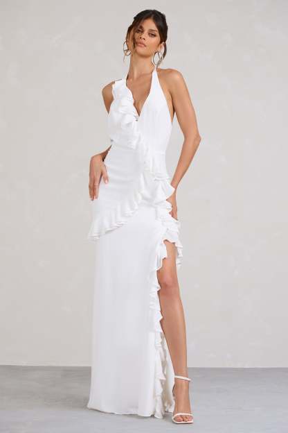 Morning White Halter-Neck Split Maxi Dress-Babyboo Dress Store. All Rights Reserved.