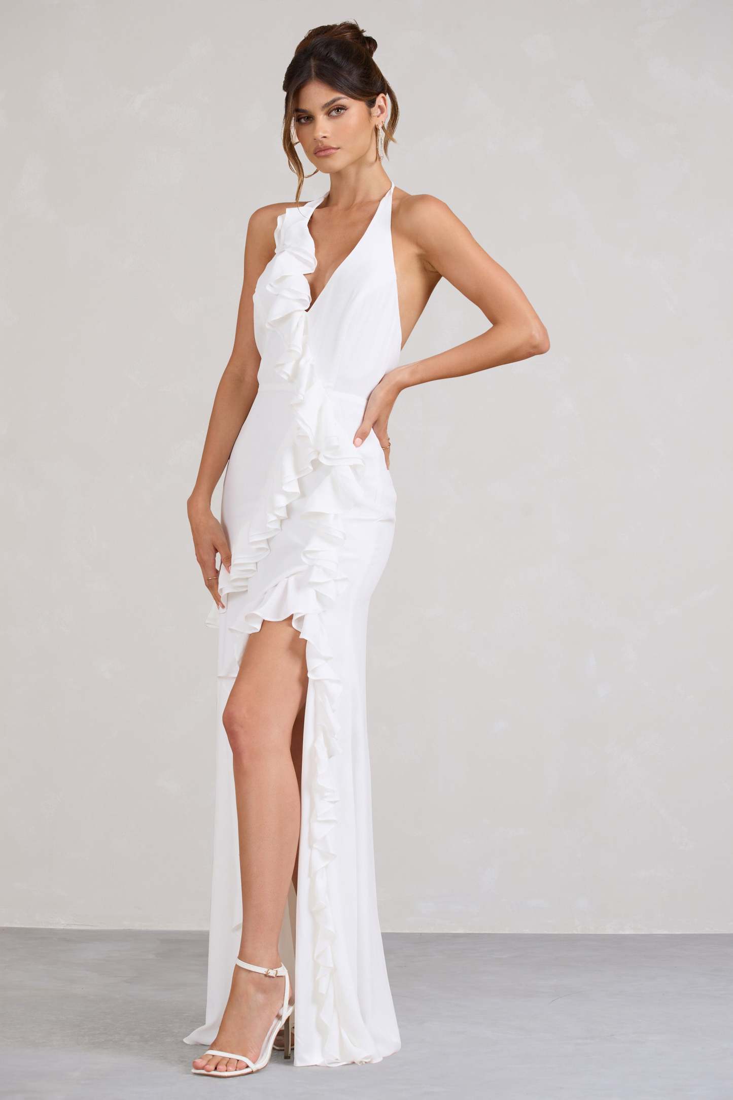 Morning White Halter-Neck Split Maxi Dress-Babyboo Dress Store. All Rights Reserved.
