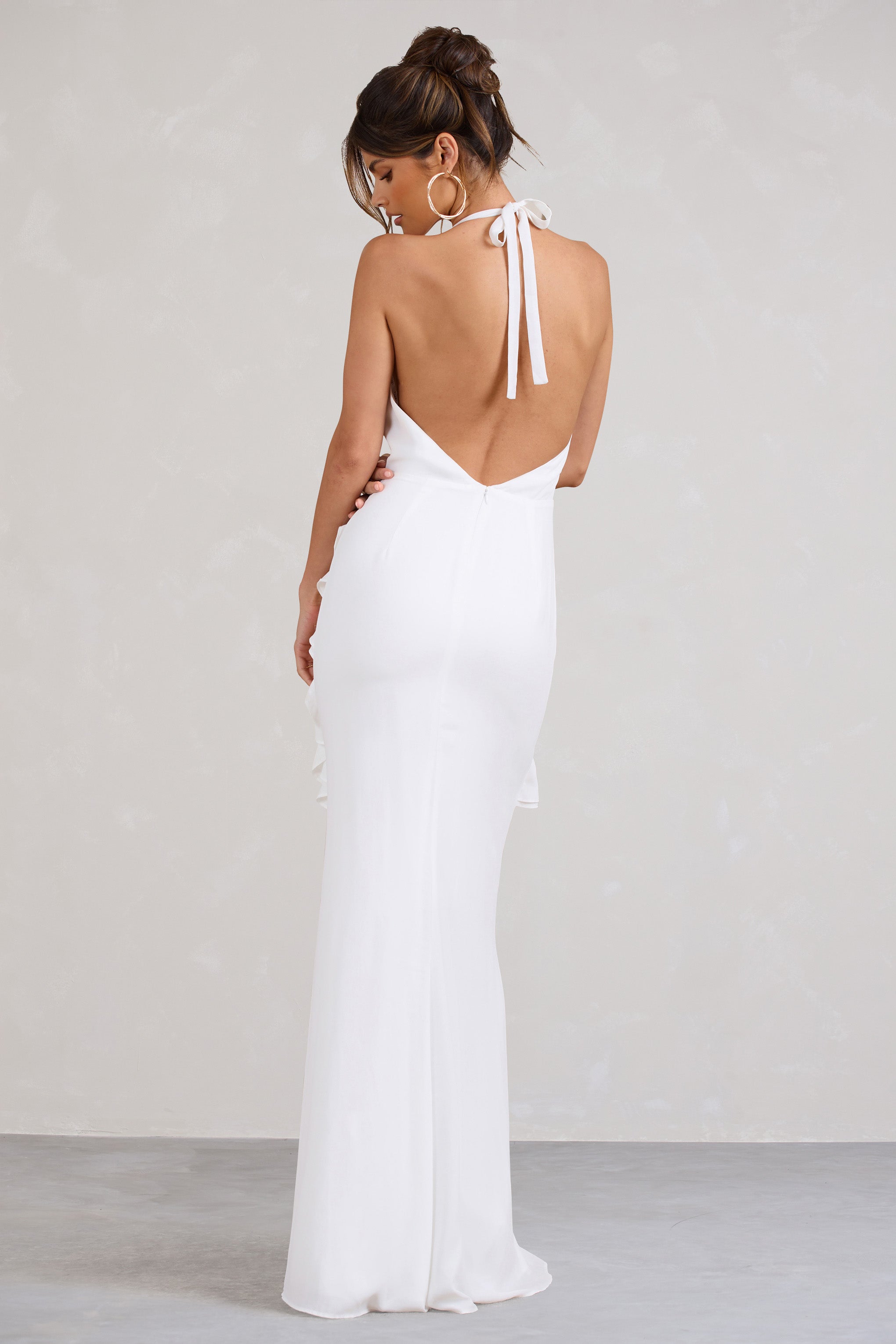 Morning White Halter-Neck Split Maxi Dress-Babyboo Dress Store. All Rights Reserved.
