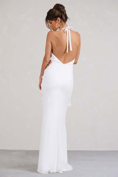 Morning White Halter-Neck Split Maxi Dress-Babyboo Dress Store. All Rights Reserved.