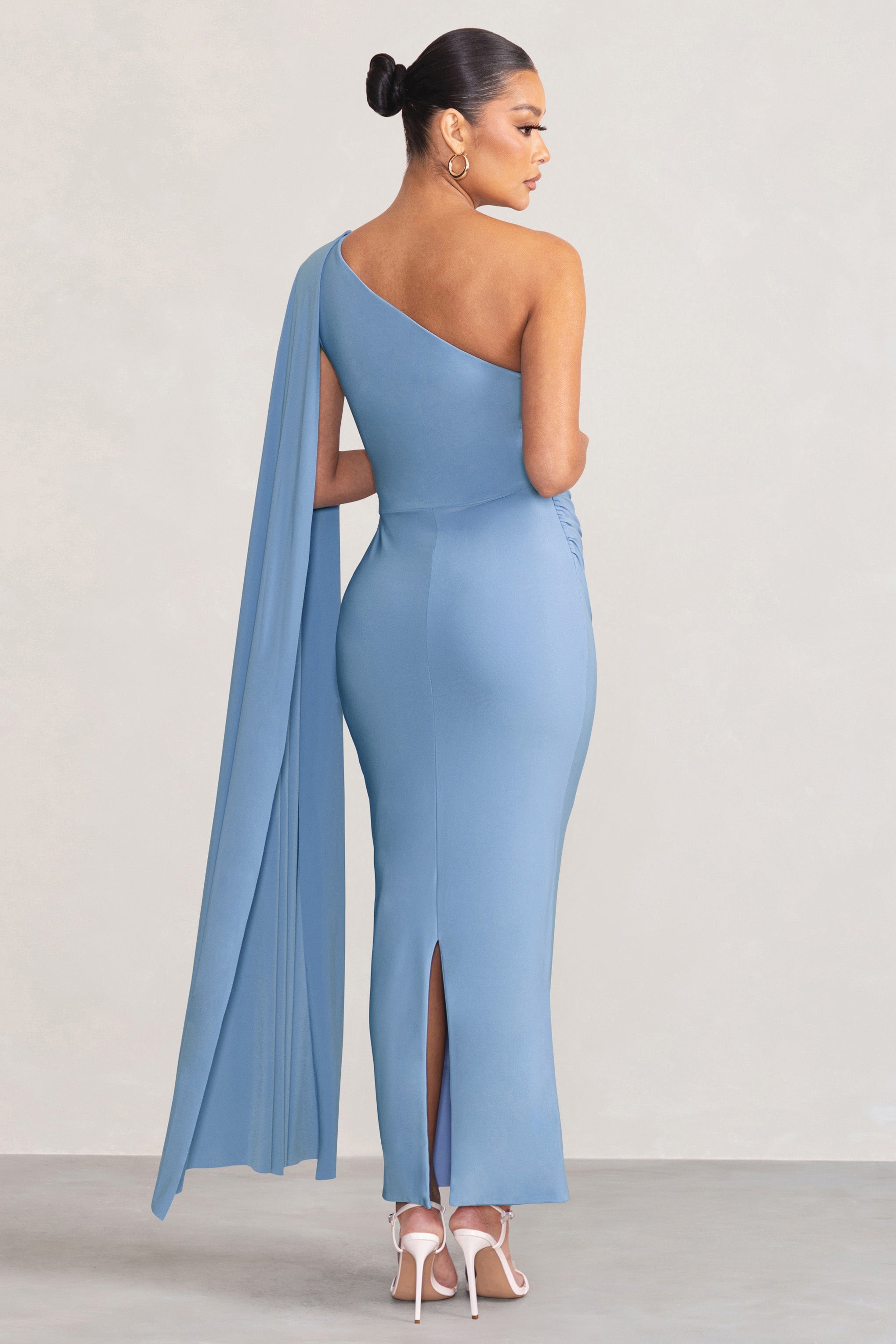 Amaryllis Powder Blue Maternity One Shoulder Maxi Dress with Cape Sleeve