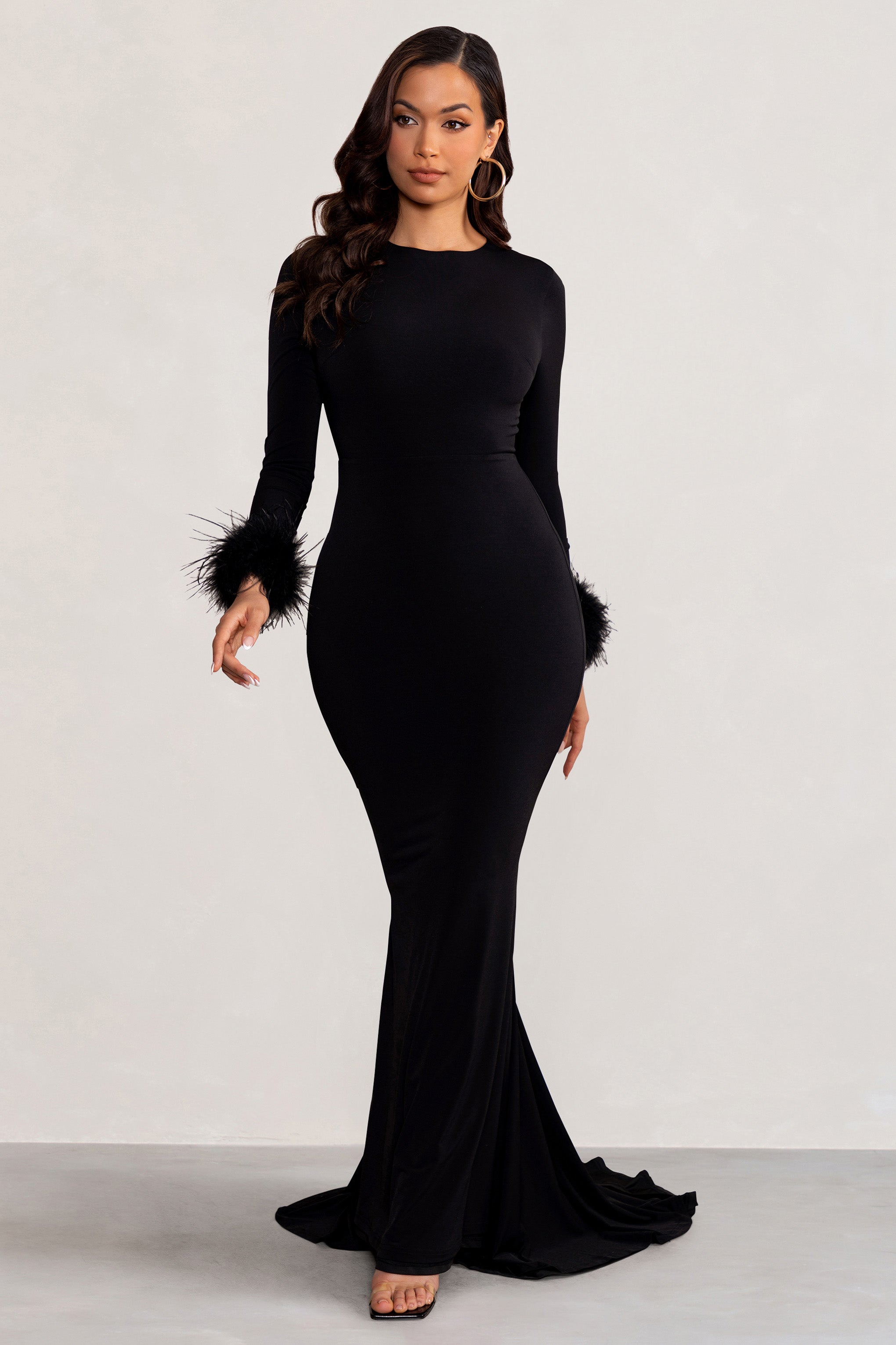Betty Black High Neck Long Sleeve Maxi Dress with Feather Cuffs