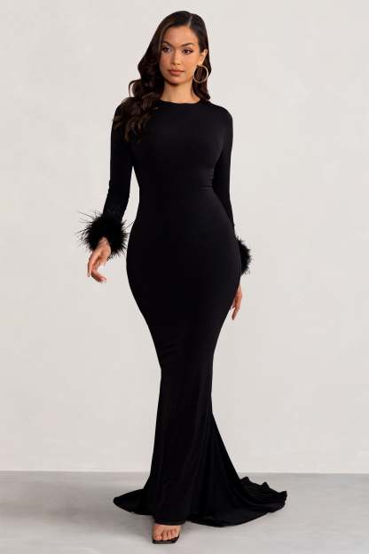 Betty Black High Neck Long Sleeve Maxi Dress with Feather Cuffs