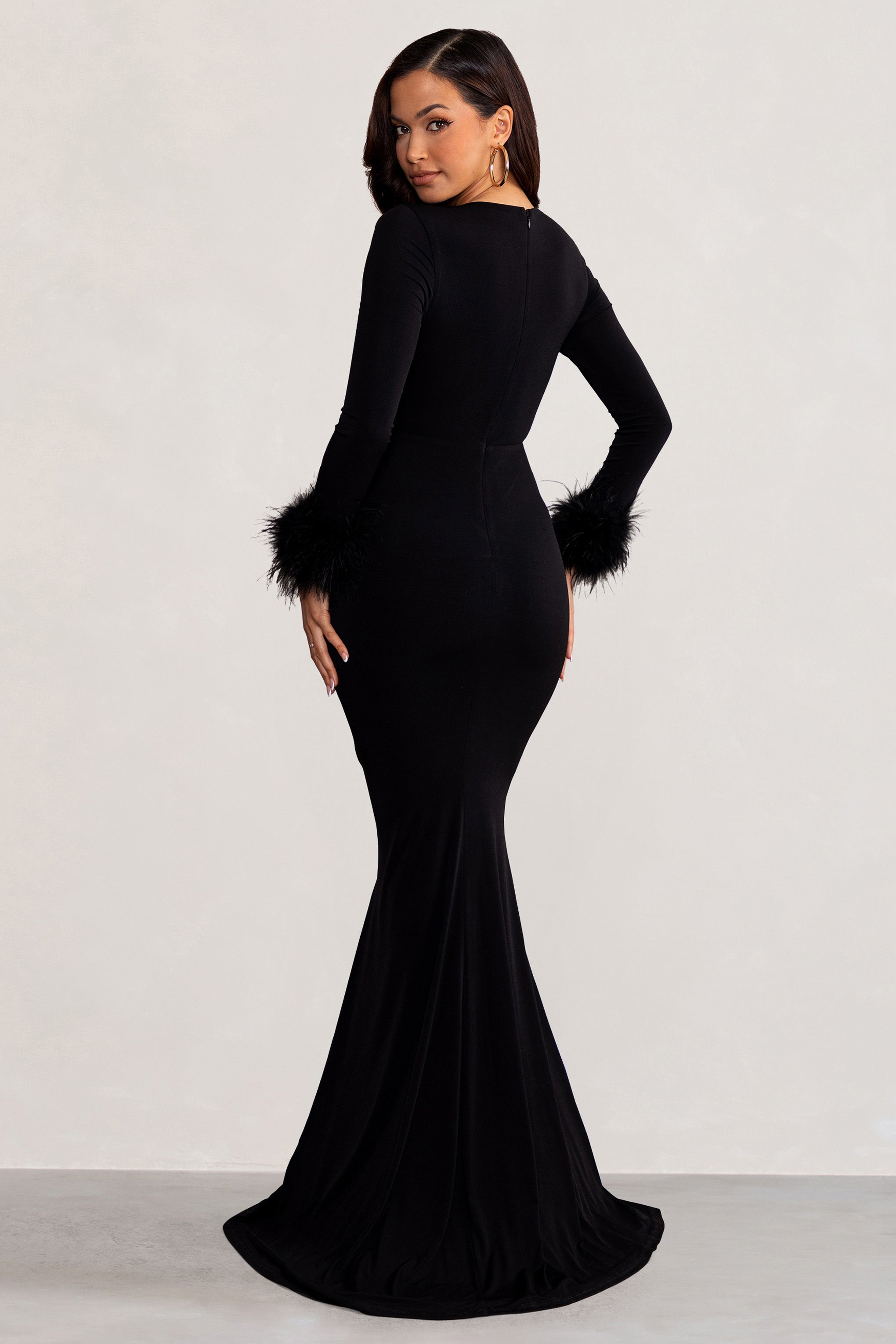Betty Black High Neck Long Sleeve Maxi Dress with Feather Cuffs