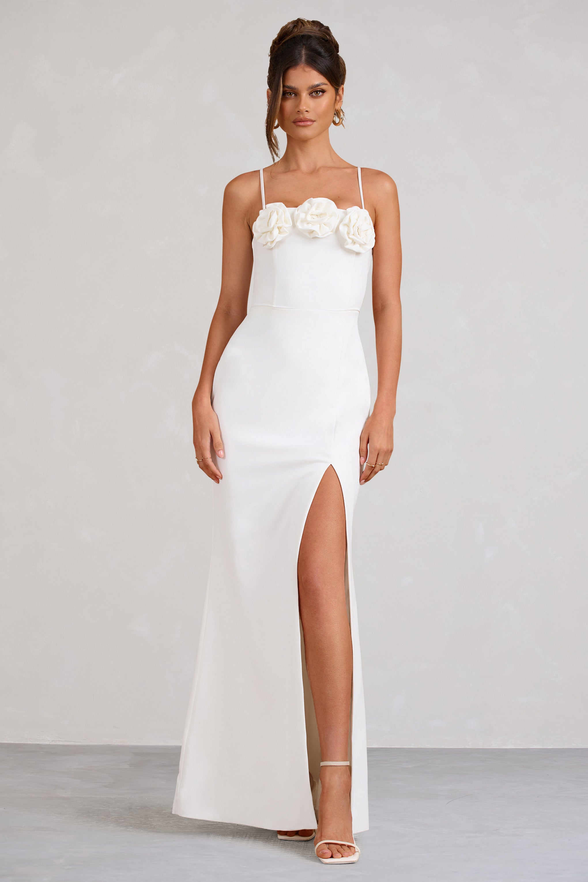 Buttercup White Strappy Floral Split Maxi Dress-Babyboo Dress Store. All Rights Reserved.