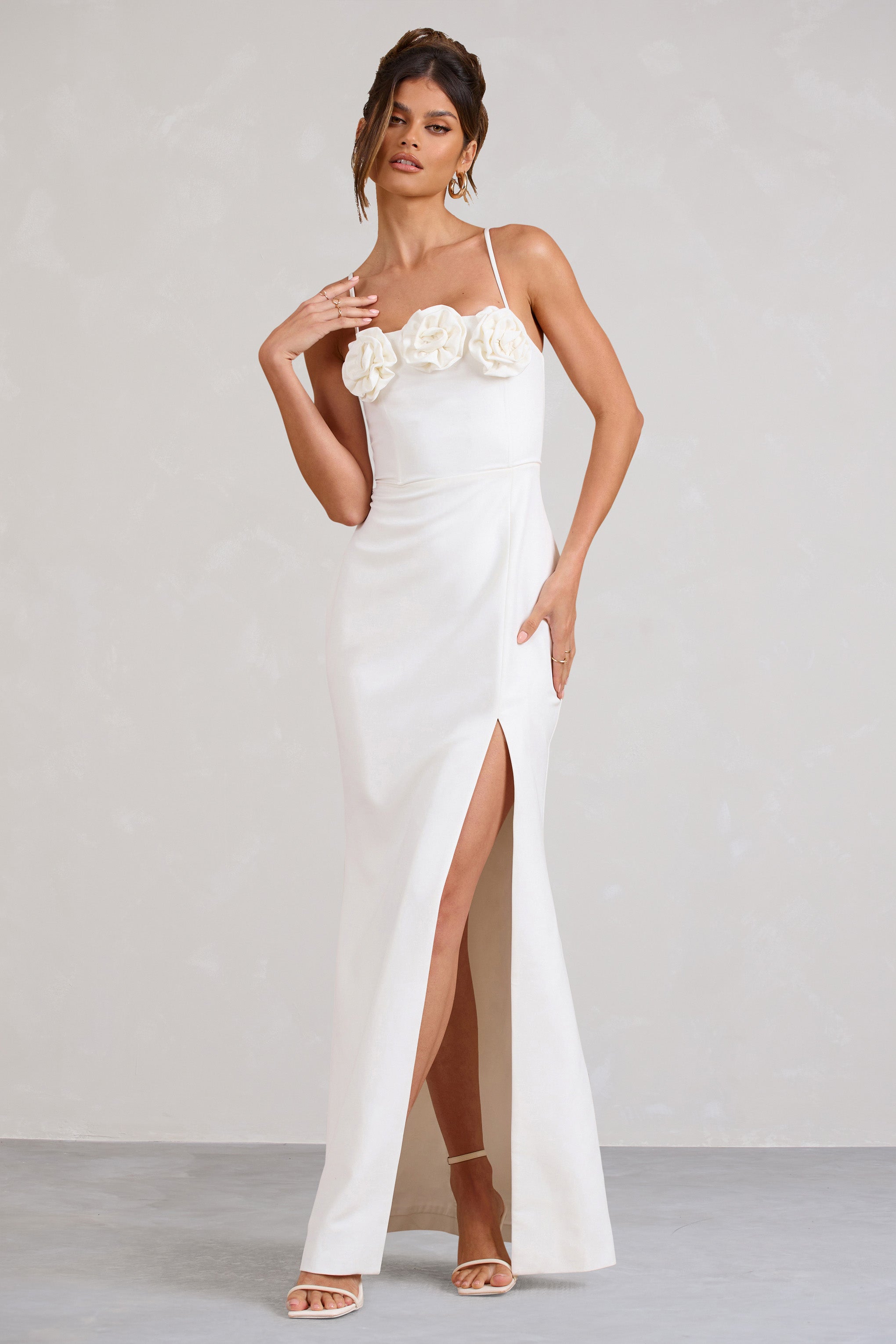 Buttercup White Strappy Floral Split Maxi Dress-Babyboo Dress Store. All Rights Reserved.