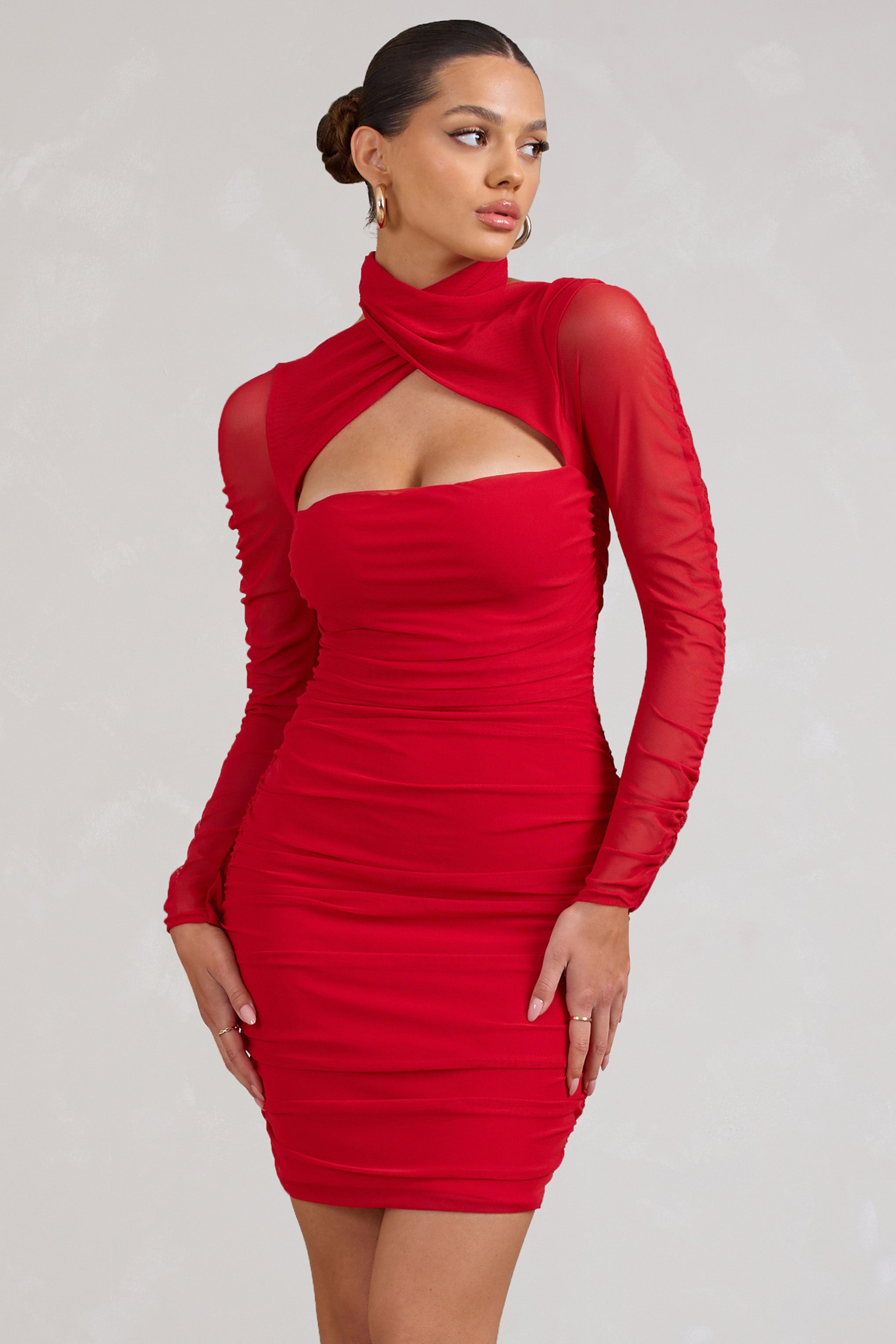Bouquet Toss Red Ruched Mesh Long-Sleeved Mini Dress-Babyboo Dress Store. All Rights Reserved.