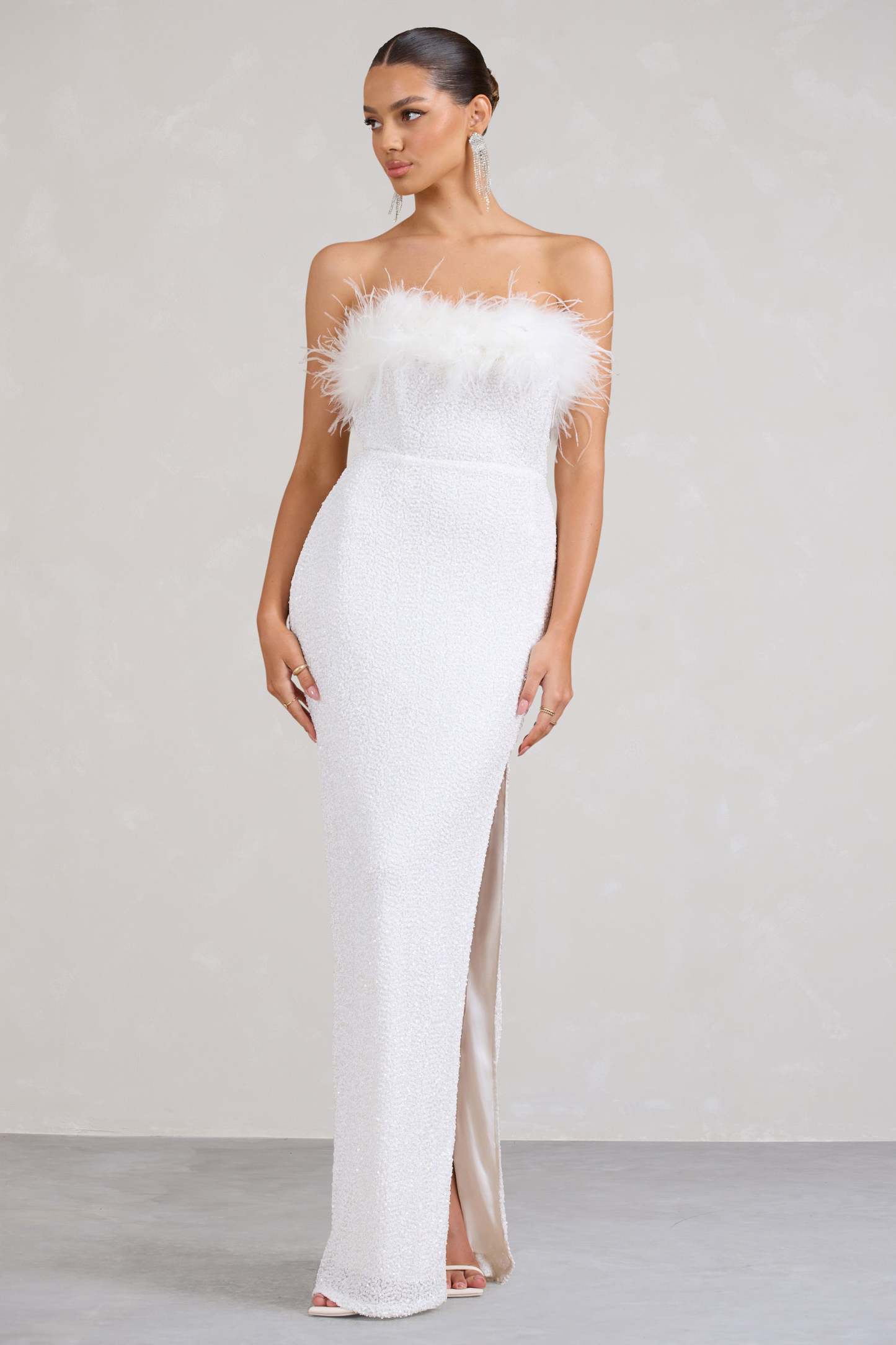 Old Money White Bodycon Sequin Maxi Dress With Feather Trim-Babyboo Dress Store. All Rights Reserved.