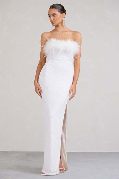 Old Money White Bodycon Sequin Maxi Dress With Feather Trim-Babyboo Dress Store. All Rights Reserved.