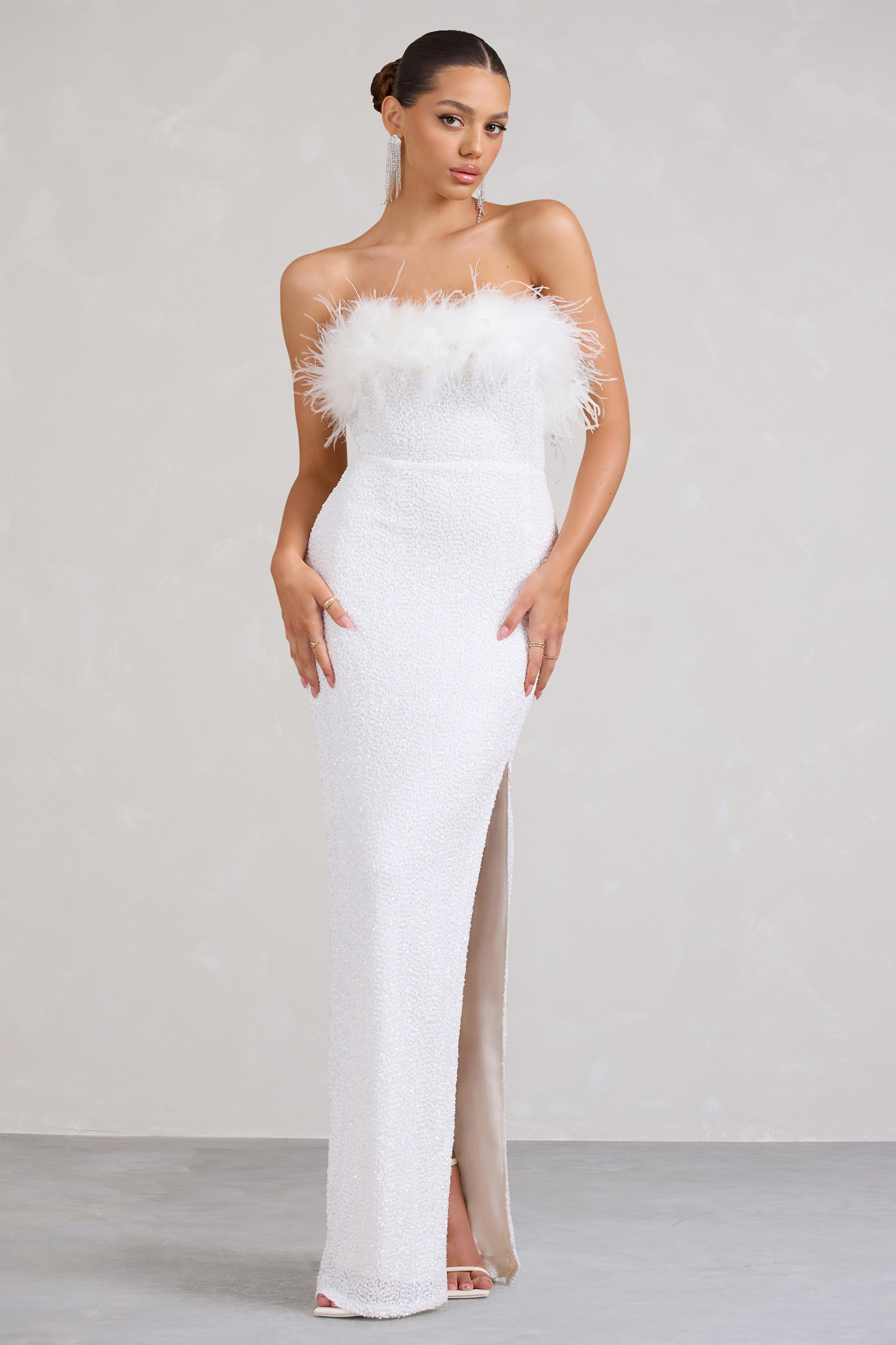 Old Money White Bodycon Sequin Maxi Dress With Feather Trim-Babyboo Dress Store. All Rights Reserved.