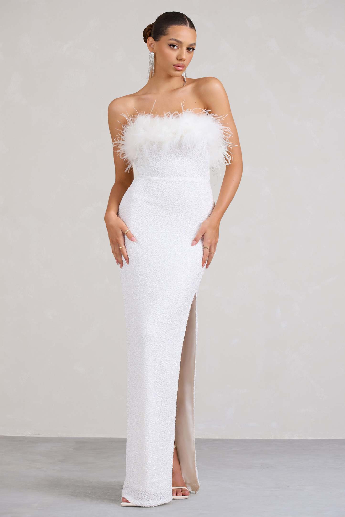 Old Money White Bodycon Sequin Maxi Dress With Feather Trim-Babyboo Dress Store. All Rights Reserved.